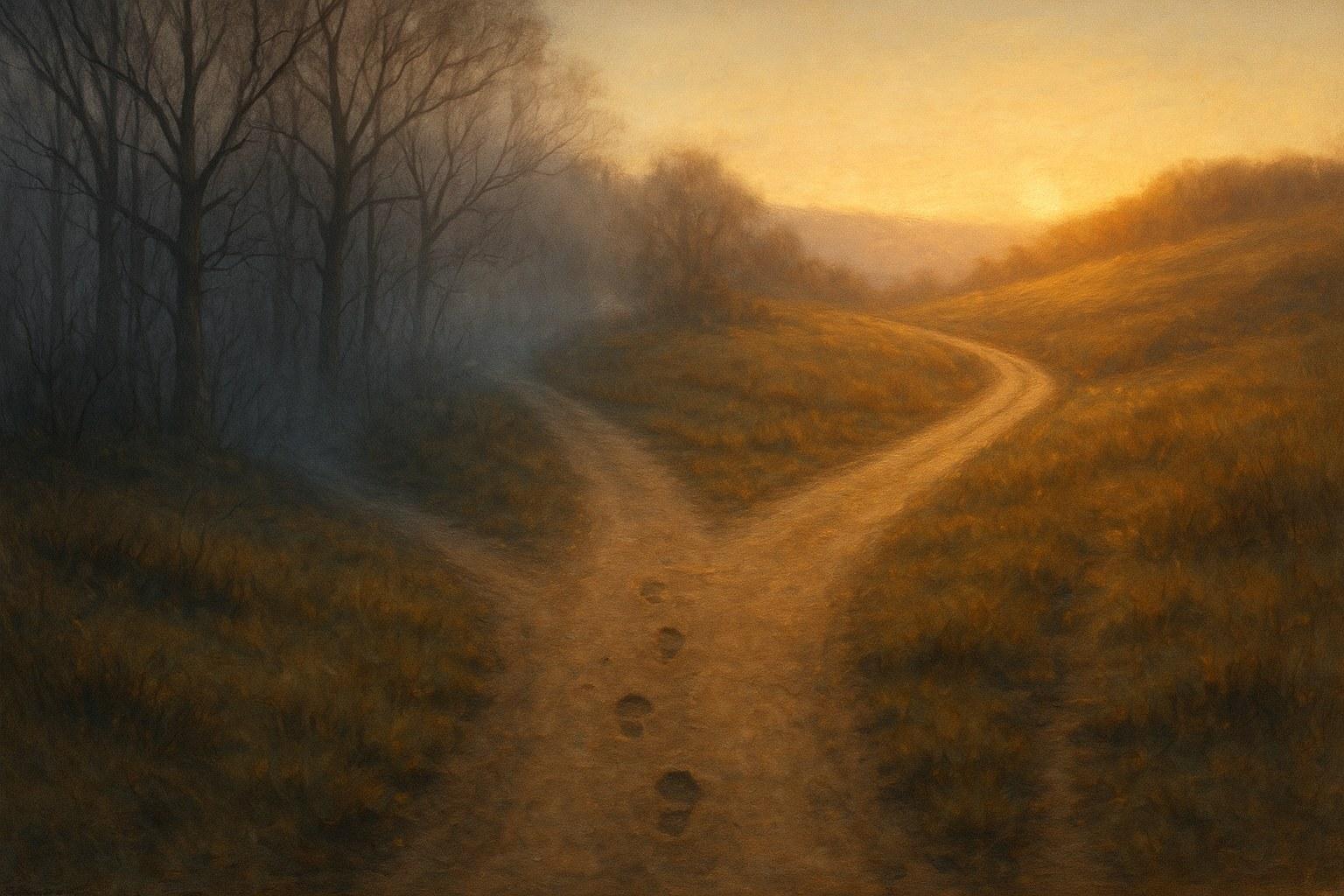 A forked path at dawn: one branch descends into cold grey mist, the other turns uphill into warm golden light