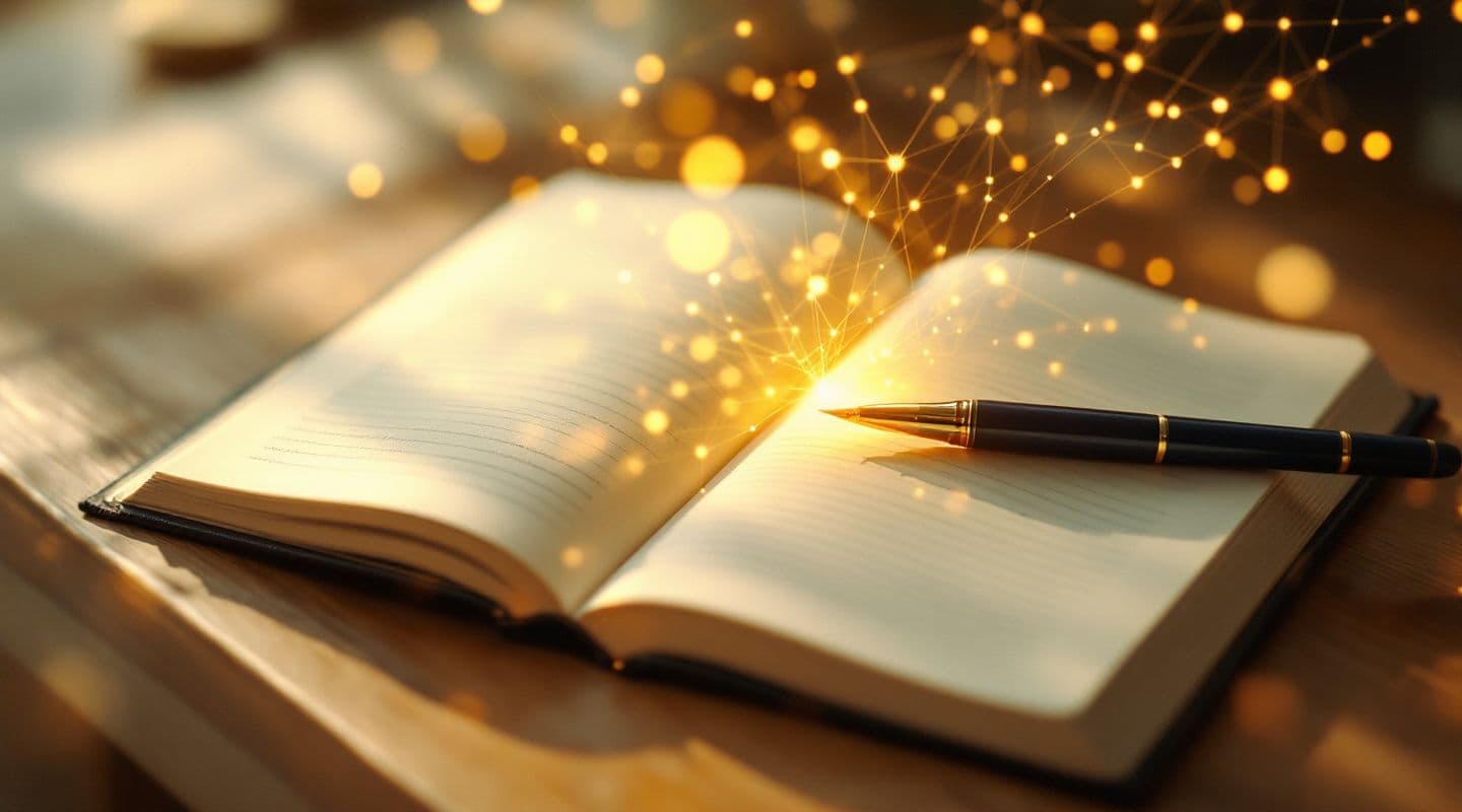 An open notebook and pen on a desk, with a glowing lattice of connected points of light rising from the page