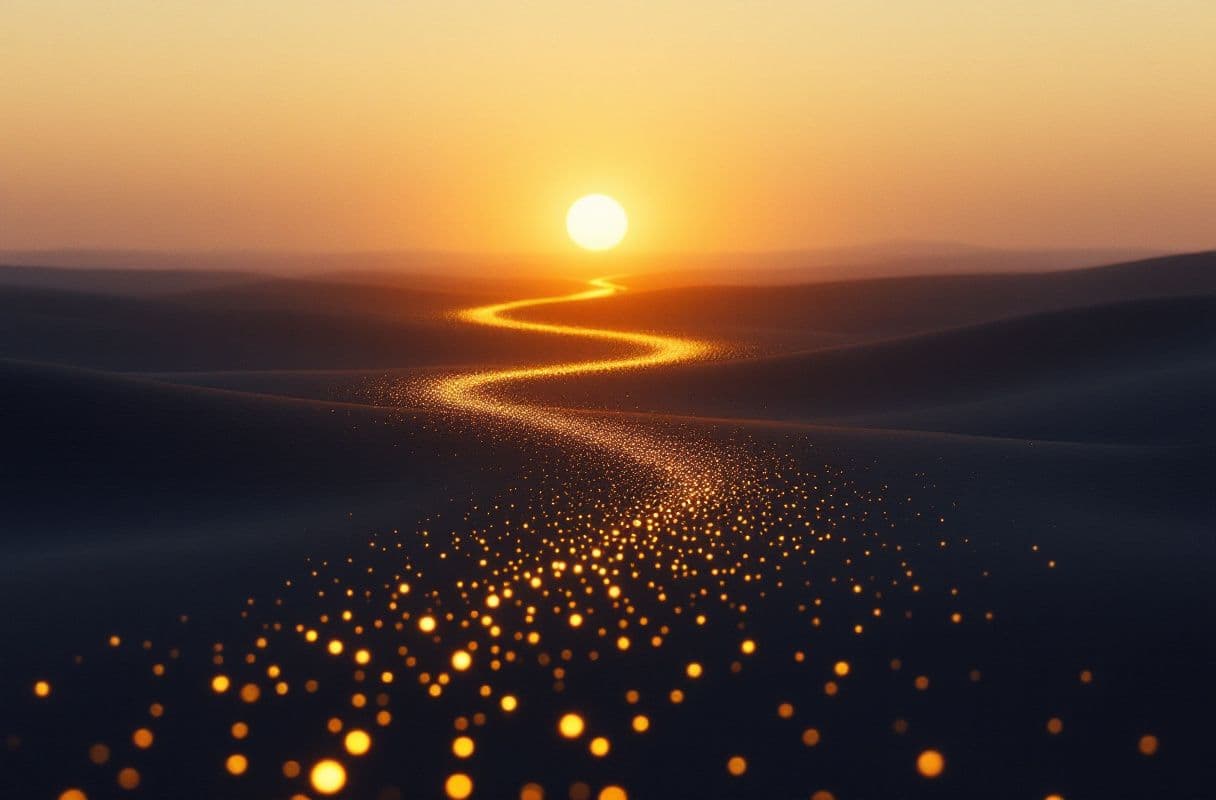 A winding path of small warm lights receding toward a glowing dawn horizon