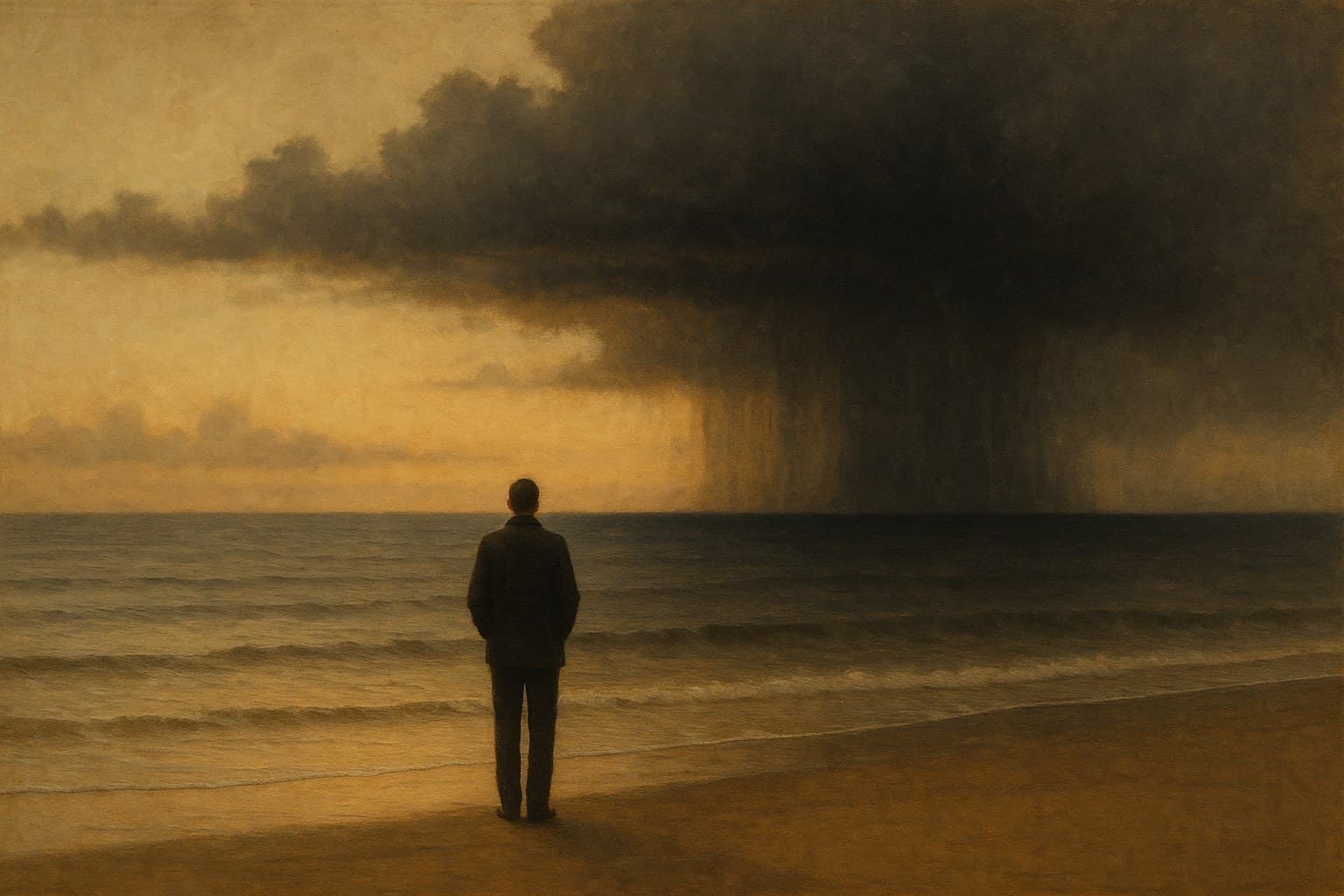 A lone figure on a calm shore at dawn watching a distant storm far out over the sea