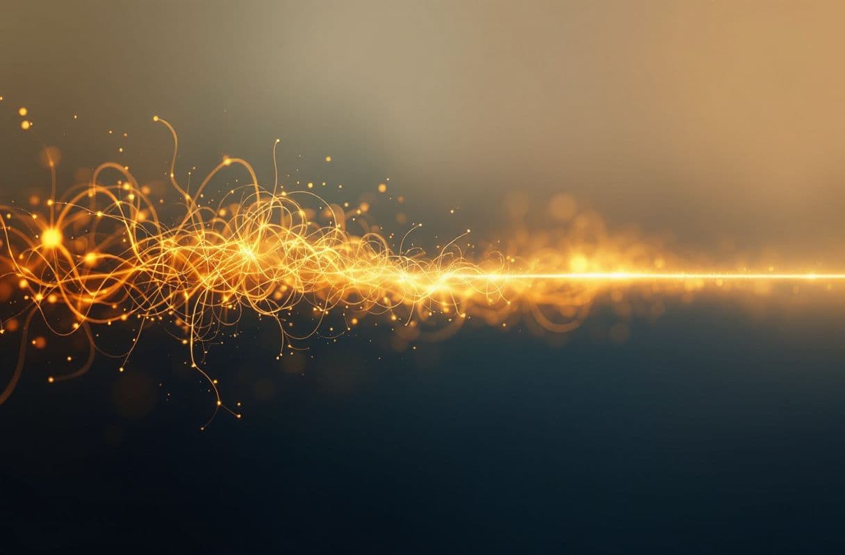 A tangle of glowing threads resolving into a single calm line of light