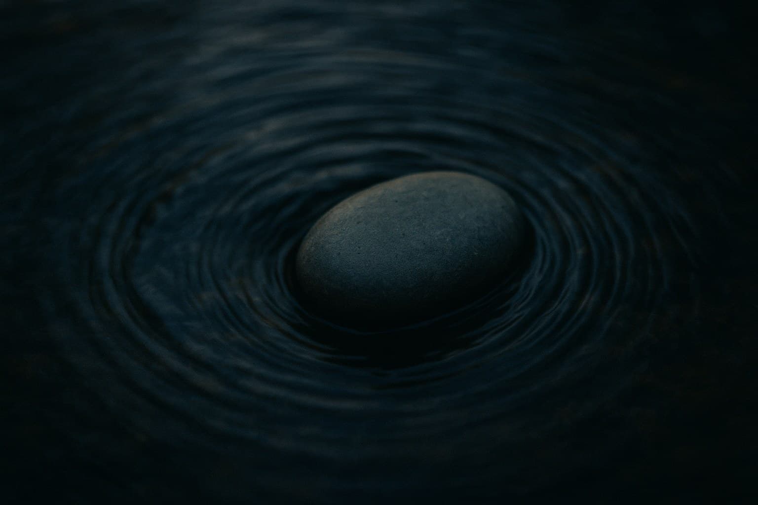 A smooth grey stone caught in a slow circular eddy of a dark stream, ripples spiraling outward