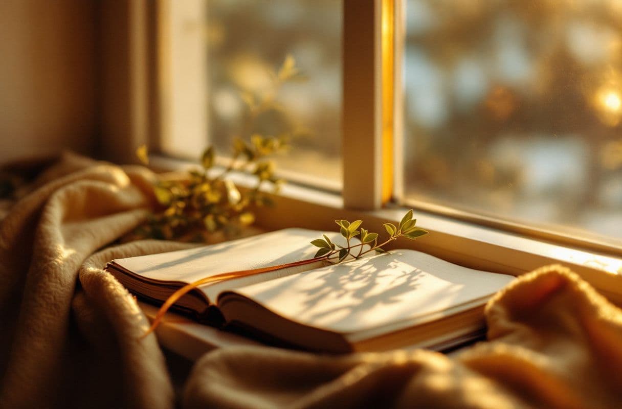 An open journal on a sunlit windowsill beside a small green sprig catching golden morning light