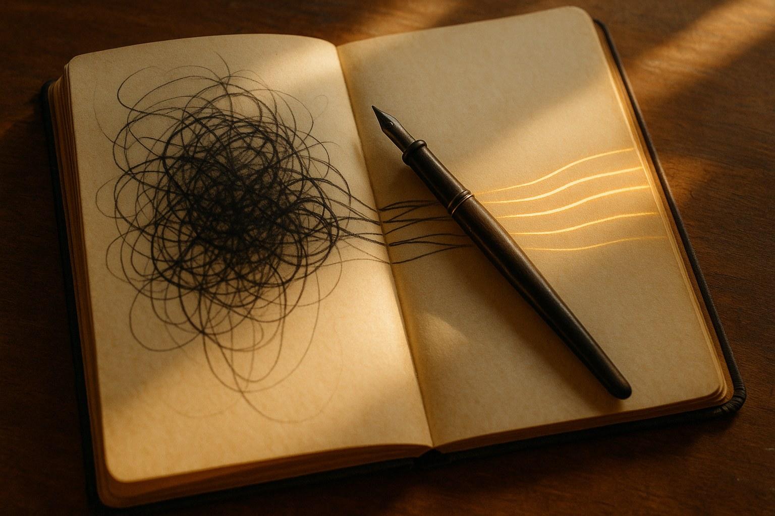 An open journal in warm light: tangled dark scribbles on the left page resolve into smooth threads of golden light on the right